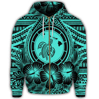 Hawaiian Map Honu Hibiscus Tropic Turquoise Polynesian Zip Hoodie - Polynesian Pride