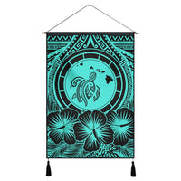 Hawaiian Map Honu Hibiscus Tropic Turquoise Polynesian Hanging Poster - AH Hanging Poster Cotton And Linen - Polynesian Pride