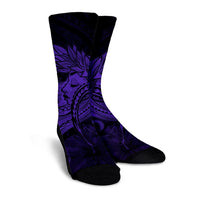 Hawaiian Map Hula Girl Hibiscus Kanaka Polynesian Crew Socks - Purple - AH - Polynesian Pride