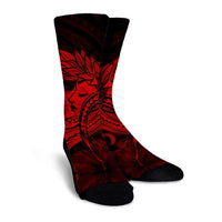 Hawaiian Map Hula Girl Hibiscus Kanaka Polynesian Crew Socks - Red - AH - Polynesian Pride