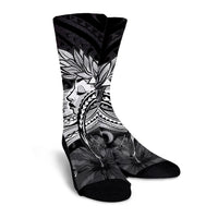 Hawaiian Map Hula Girl Hibiscus Kanaka Polynesian Crew Socks - White - AH - Polynesian Pride