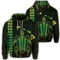 Hawaiian Map Kakau Turtle Polynesian Zip Hoodie Green Unisex Art - Polynesian Pride
