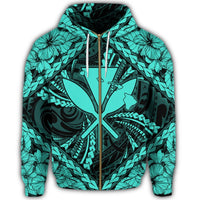 Hawaiian Map Kanaka Hibiscus Turquoise Polynesian Zip Hoodie - Polynesian Pride