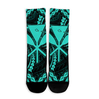 Hawaiian Map Kanaka Hibiscus Turquoise Polynesian Crew Socks - AH - Polynesian Pride