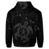 Hawaiian Map Kanaka Hibiscus Turtle Gray Polynesian Zip Hoodie - Polynesian Pride