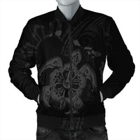 Hawaiian Map Kanaka Hibiscus Turtle Gray Polynesian Bomber Jacket - AH Black Unisex - Polynesian Pride
