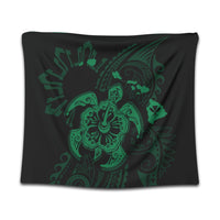 Hawaiian Map Kanaka Hibiscus Turtle Green Polynesian Tapestry - AH Wall Tapestry Black - Polynesian Pride