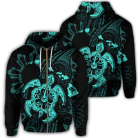 Hawaiian Map Kanaka Hibiscus Turtle Turquoise Polynesian Zip Hoodie Unisex Art - Polynesian Pride