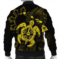 Hawaiian Map Kanaka Hibiscus Turtle Yellow Polynesian Bomber Jacket - AH - Polynesian Pride