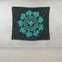 Hawaiian Map Kanaka Turtles Circle Style Turquoise Polynesian Tapestry - AH - Polynesian Pride