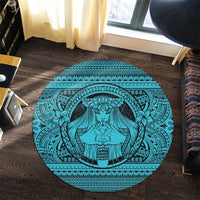 Hawaiian Map Madame Pele Kanaka Plumeria Polynesian Round Carpet Blue AH - Polynesian Pride