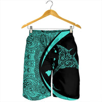 Hawaiian Map Manta Ray Polynesian Men's Shorts - Turquoise - Circle Style - AH - Polynesian Pride