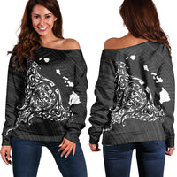 Hawaiian Map Manta Ray White Polynesian Women's Off Shoulder Sweater - AH Black - Polynesian Pride