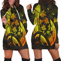 Hawaiian Map Palm Trees Fish Hook Polynesian Hoodie Dress Colorful Yellow - AH Black - Polynesian Pride
