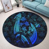 Hawaiian Map Palm Trees Fish Hook Polynesian Quilt Round Carpet Colorful Blue - AH - Polynesian Pride