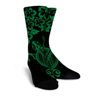 Hawaiian Map Turtle Hibiscus Kanaka Polynesian Crew Socks - Green - AH - Polynesian Pride
