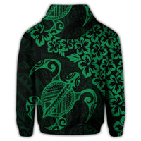 Hawaiian Map Turtle Hibiscus Kanaka Polynesian Zip Hoodie Green - Polynesian Pride