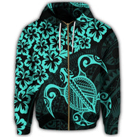 Hawaiian Map Turtle Hibiscus Kanaka Polynesian Zip Hoodie Turquoise - Polynesian Pride