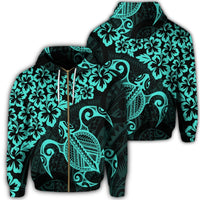 Hawaiian Map Turtle Hibiscus Kanaka Polynesian Zip Hoodie Turquoise Unisex Art - Polynesian Pride