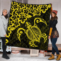 Hawaiian Map Turtle Hibiscus Kanaka Polynesian Premium Quilts - Yellow - AH - Polynesian Pride