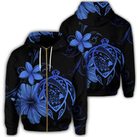 Hawaiian Map Turtle Hibiscus Plumeria Polynesian Zip Hoodie Blue Unisex Art - Polynesian Pride
