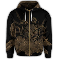Hawaiian Map Turtle Hibiscus Polynesian Zip Hoodie Gold - Polynesian Pride