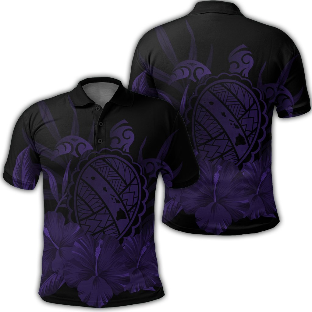 Hawaiian Map Turtle Hibiscus Polynesian Polo Shirt Purple Unisex Black - Polynesian Pride