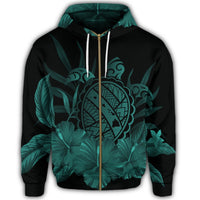 Hawaiian Map Turtle Hibiscus Polynesian Zip Hoodie Turquoise - Polynesian Pride