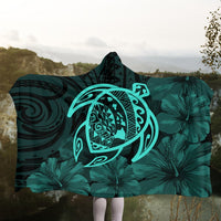 Hawaiian Map Turtle Kanaka Hibiscus Polynesian Hooded Blanket - Turquoise - AH - Polynesian Pride