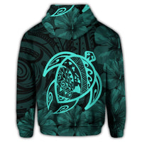 Hawaiian Map Turtle Kanaka Hibiscus Polynesian Zip Hoodie Turquoise - Polynesian Pride