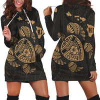 Hawaiian Map Turtle Ohana Hibicus Polynesian Hoodie Dress - Gold - AH Black - Polynesian Pride