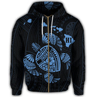 Hawaiian Map Turtle Ohana Hibicus Polynesian Zip Hoodie Pastel Blue - Polynesian Pride