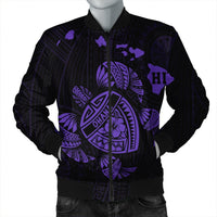 Hawaiian Map Turtle Ohana Hibicus Polynesian Bomber Jacket - Purple - AH Black Unisex - Polynesian Pride