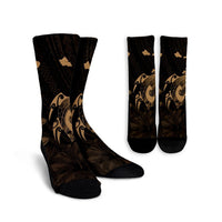 Hawaiian Map Turtle Plumeria Hibiscus Fish Hook Polynesian Crew Socks Gold - AH Crew Socks White - Polynesian Pride