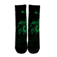 Hawaiian Map Turtle Plumeria Hibiscus Fish Hook Polynesian Crew Socks Green - AH - Polynesian Pride