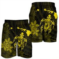 Hawaiian Map Turtle Plumeria Hibiscus Fish Hook Polynesian Men's Shorts Yellow - AH - Polynesian Pride