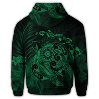 Hawaiian Map Turtle Tattoo Hibiscus Plumeria Polynesian Zip Hoodie Green - Polynesian Pride