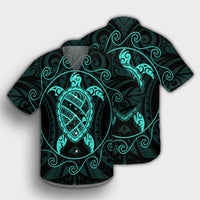 Hawaiian Map Turtle Wave Polynesian Hawaiian Shirt Turquoise - AH - Polynesian Pride
