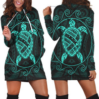 Hawaiian Map Turtle Wave Polynesian Hoodie Dress Turquoise - AH Black - Polynesian Pride