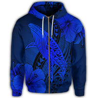 Hawaiian Map Whale Swim Hibiscus Polynesian Zip Hoodie Blue - Polynesian Pride