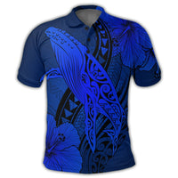 Hawaiian Map Whale Swim Hibiscus Polynesian Polo Shirt Blue - Polynesian Pride