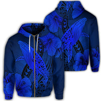 Hawaiian Map Whale Swim Hibiscus Polynesian Zip Hoodie Blue Unisex Art - Polynesian Pride