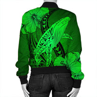 Hawaiian Map Whale Swim Hibiscus Polynesian Bomber Jacket - Green - AH - Polynesian Pride