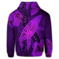 Hawaiian Map Whale Swim Hibiscus Polynesian Zip Hoodie Purple - Polynesian Pride
