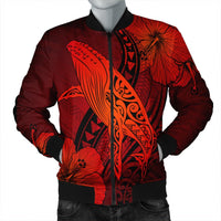 Hawaiian Map Whale Swim Hibiscus Polynesian Bomber Jacket - Red - AH Black Unisex - Polynesian Pride