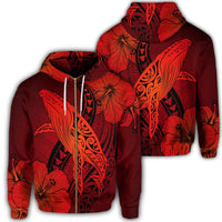 Hawaiian Map Whale Swim Hibiscus Polynesian Zip Hoodie Red Unisex Art - Polynesian Pride