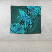 Hawaiian Map Whale Swim Hibiscus Polynesian Tapestry - Turquoise - AH - Polynesian Pride