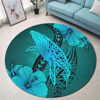 Hawaiian Map Whale Swim Hibiscus Polynesian Round Carpet - Turquoise - AH - Polynesian Pride