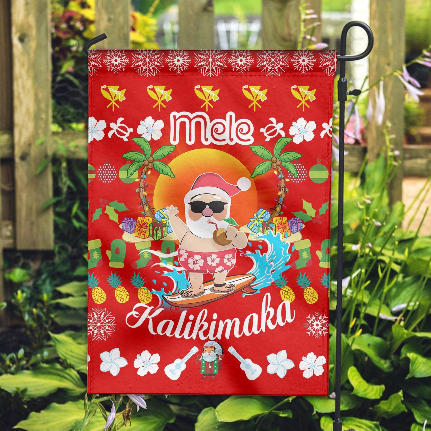 Hawaiian Mele Kalikimaka Santa Claus Pattern Christmas Garden Flag - Red - Labo Style - AH - Polynesian Pride