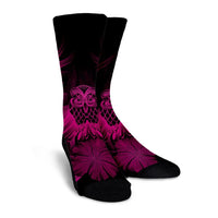 Hawaiian Owl Hibiscus Plumeria Polynesian Crew Socks - Pink - AH - Polynesian Pride